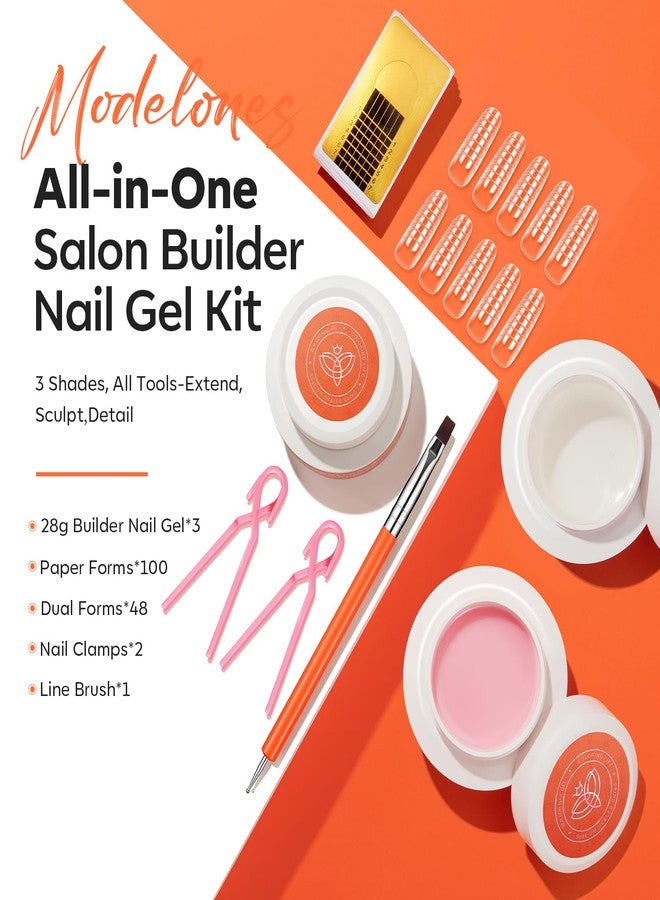 modelones Builder Nail Gel 3 Colors, 10-in-One Builder Clear Nude Pink Hard Gel Nail Kit with Dual End Brush, Acrylic Clamps, Paper Forms for Extension Apex Building Sculpting LED Cured - Image 2